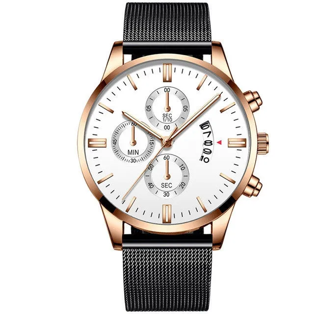 Men's stainless steel quartz watch with a mesh band, showing a two-tone colour option on an analog dial.
