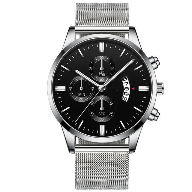 Men's stainless steel quartz watch with a mesh band, showing a two-tone colour option on an analog dial.
