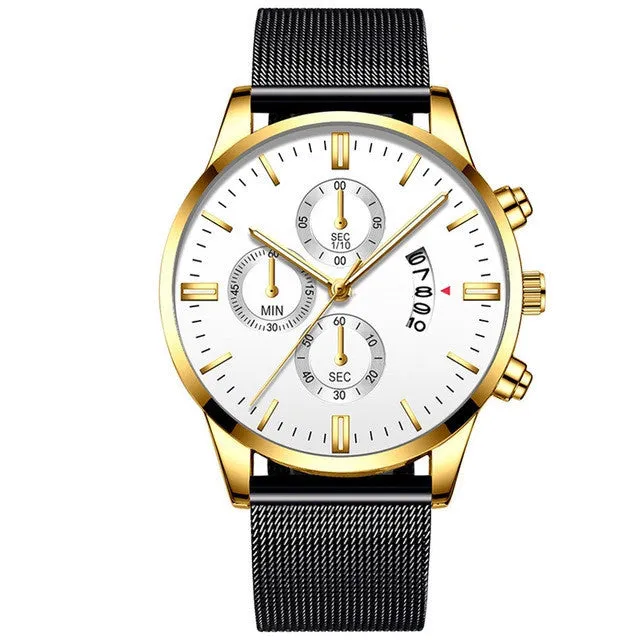 Men's stainless steel quartz watch with a mesh band, showing a two-tone colour option on an analog dial.