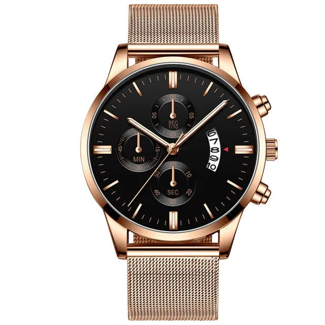 Men's stainless steel quartz watch with a mesh band, showing a two-tone colour option on an analog dial.
