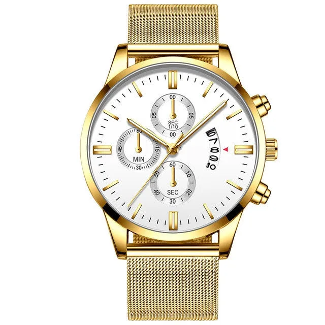 Men's stainless steel quartz watch with a mesh band, showing a two-tone colour option on an analog dial.
