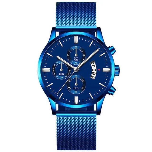Men's stainless steel quartz watch with a mesh band, showing a two-tone colour option on an analog dial.
