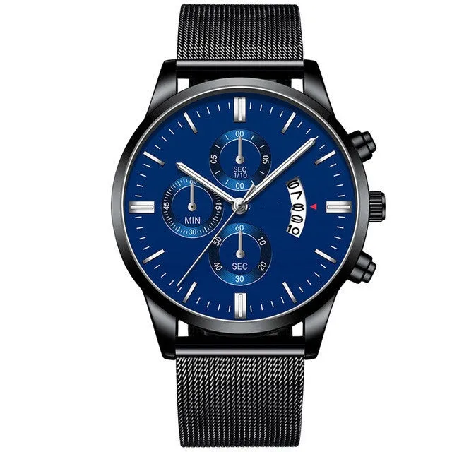 Men's stainless steel quartz watch with a mesh band, showing a two-tone colour option on an analog dial.