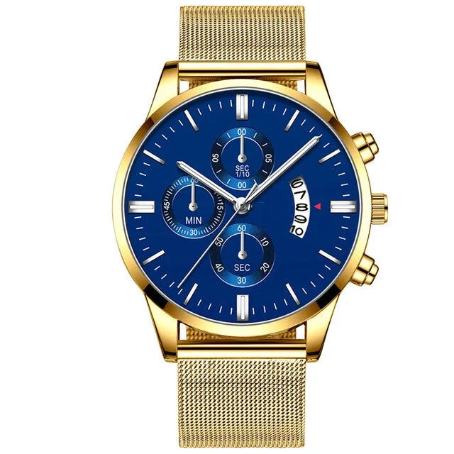 Men's stainless steel quartz watch with a mesh band, showing a two-tone colour option on an analog dial.