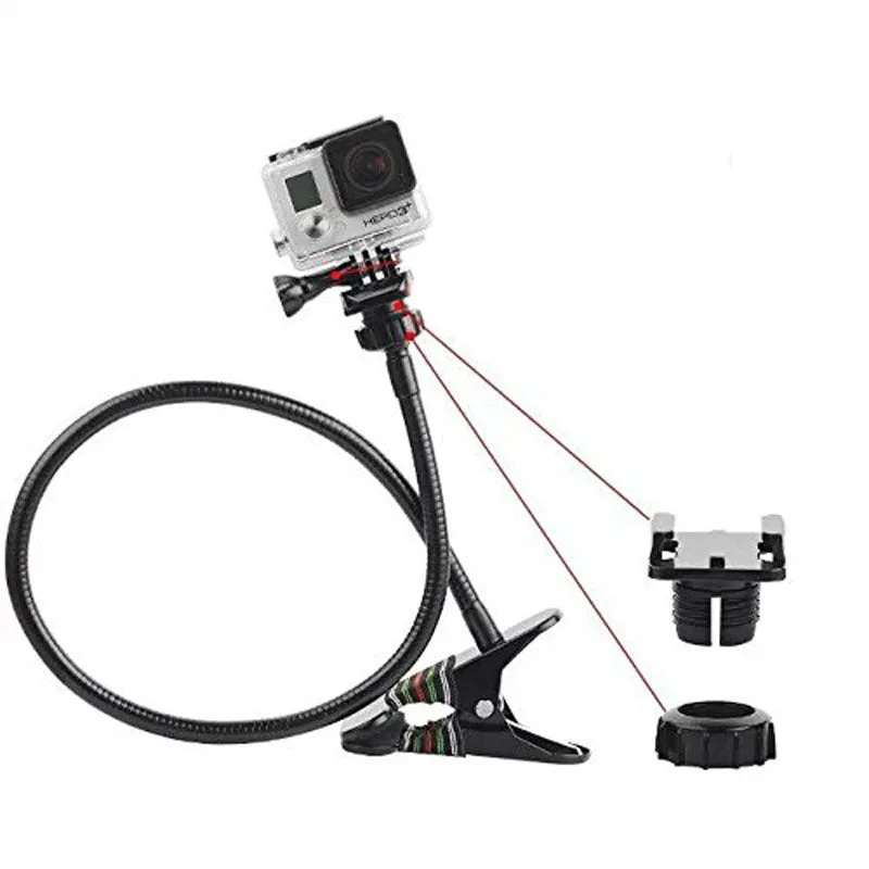 Black universal metal webcam support hose bracket with cellphone holder attached to desk