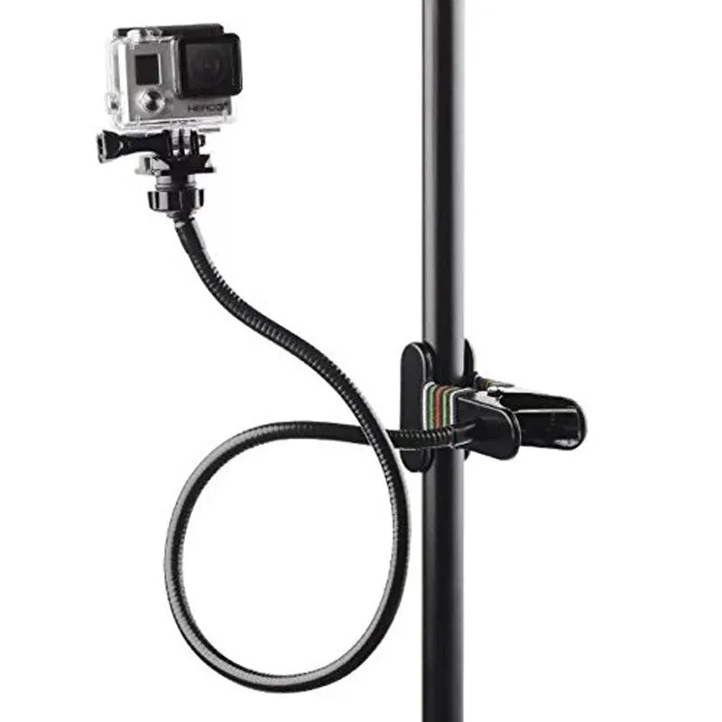 Black universal metal webcam support hose bracket with cellphone holder attached to desk