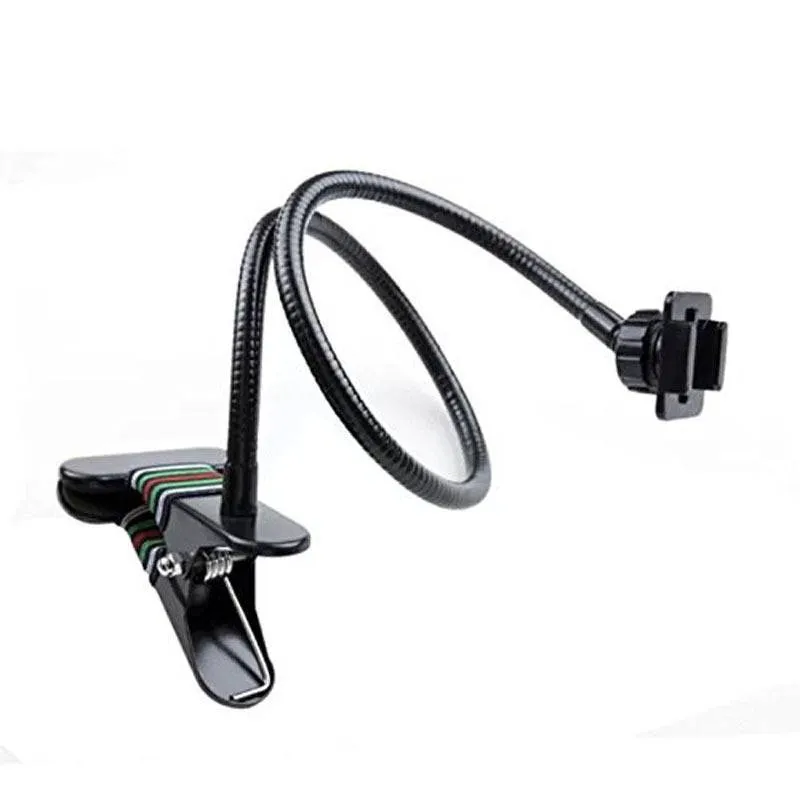 Black universal metal webcam support hose bracket with cellphone holder attached to desk