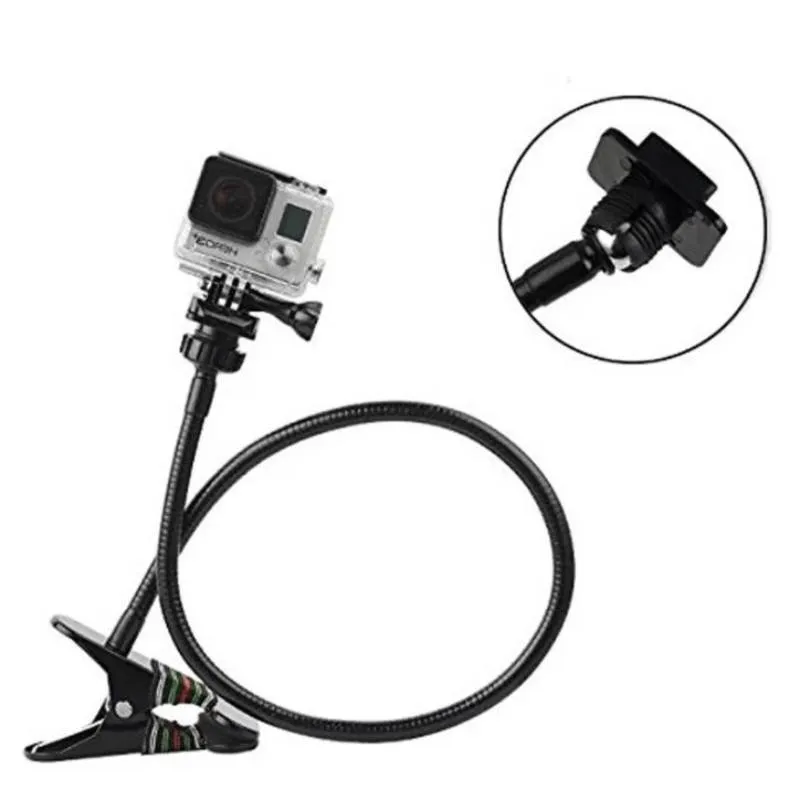 Black universal metal webcam support hose bracket with cellphone holder attached to desk