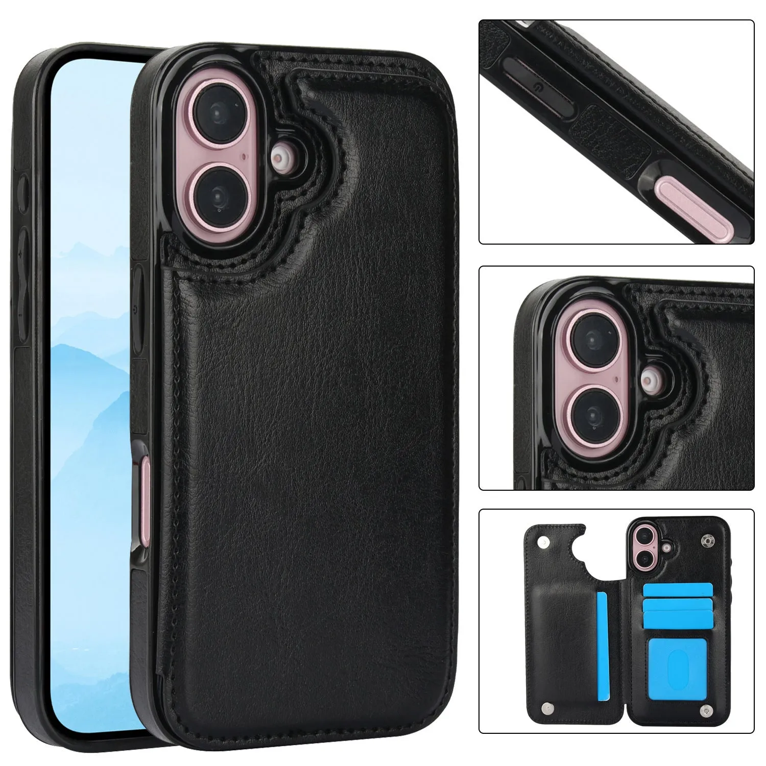 Anti-fall imitation leather phone case with bracket for Apple iPhone in black