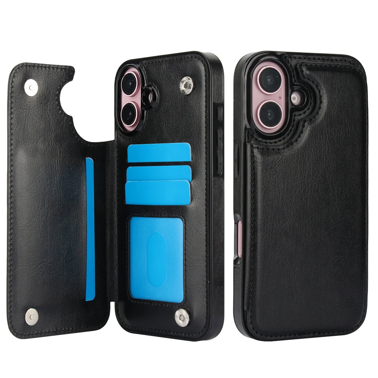 Anti-fall imitation leather phone case with bracket for Apple iPhone in black