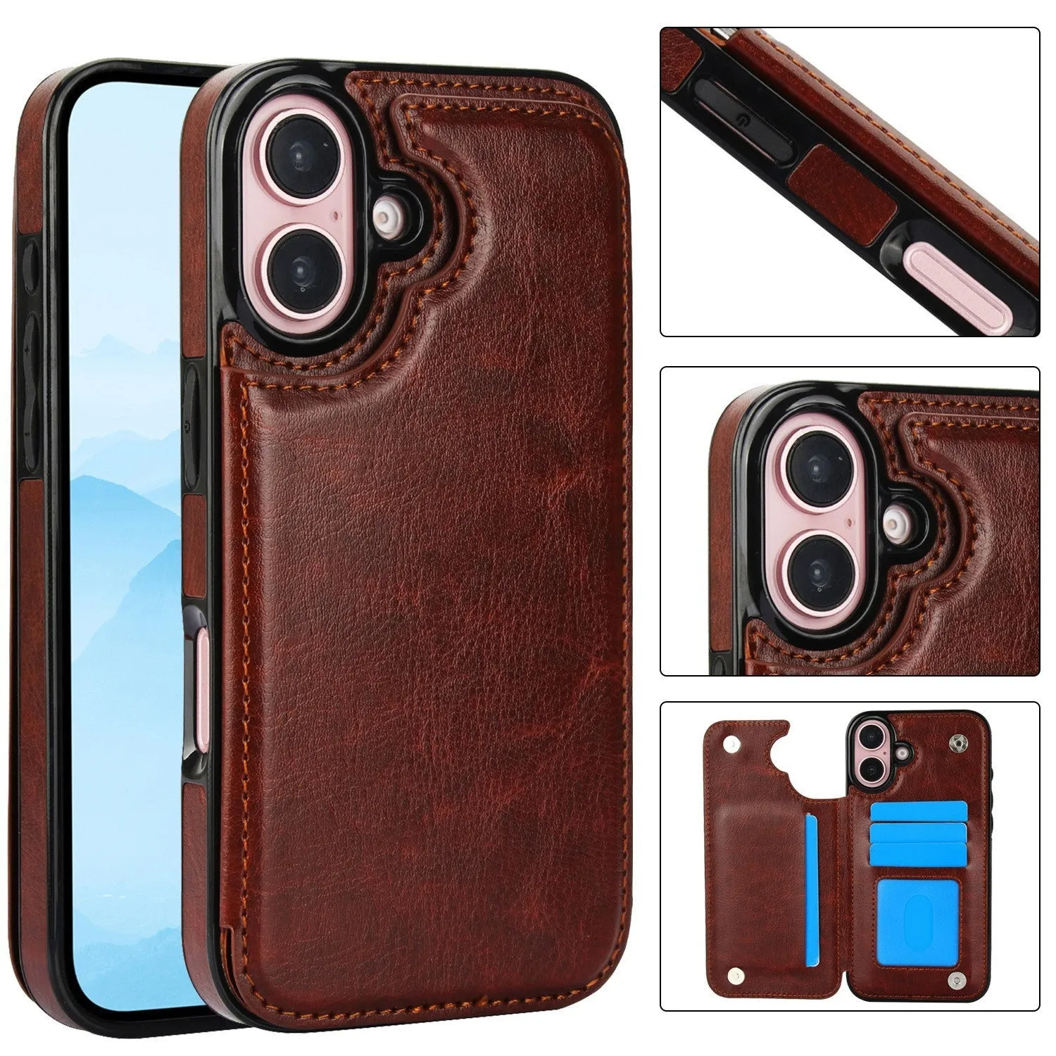 Anti-fall imitation leather phone case with bracket for Apple iPhone in black