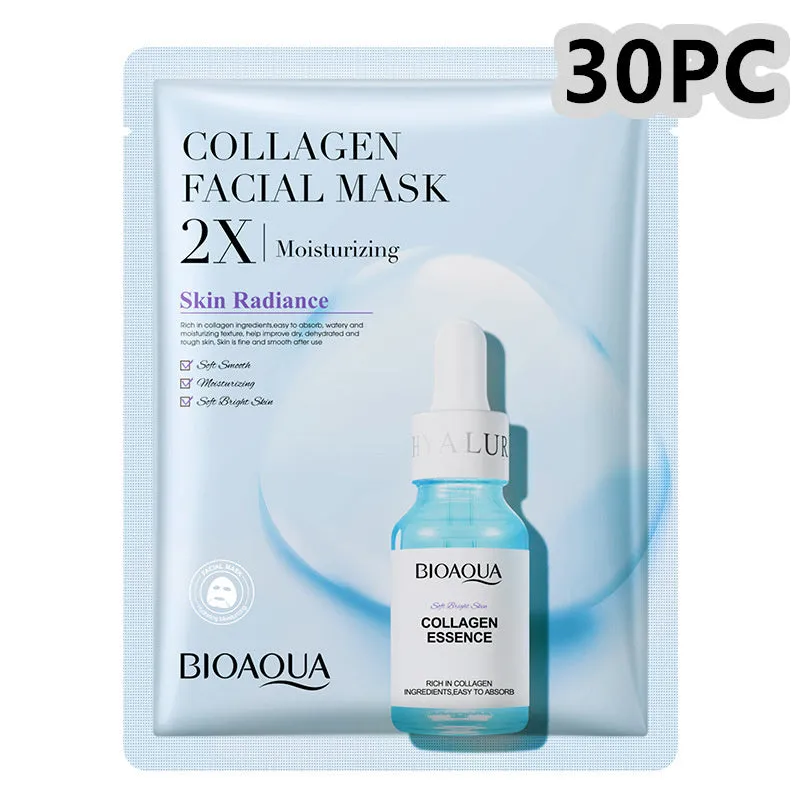 Single collagen facial sheet mask with 30g of clear gel on white background.