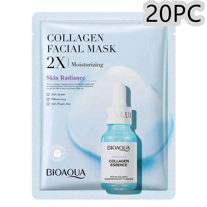 Single collagen facial sheet mask with 30g of clear gel on white background.