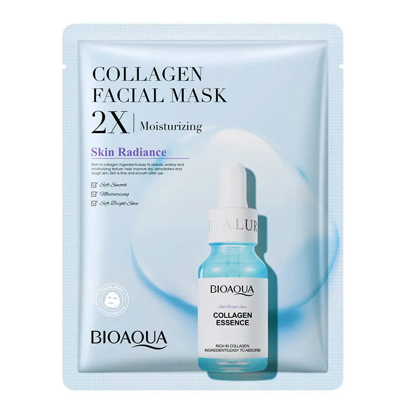 Single collagen facial sheet mask with 30g of clear gel on white background.