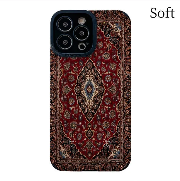 Yellow imitation leather phone case with embossed Persian carpet pattern and attached lanyard, viewed from the back