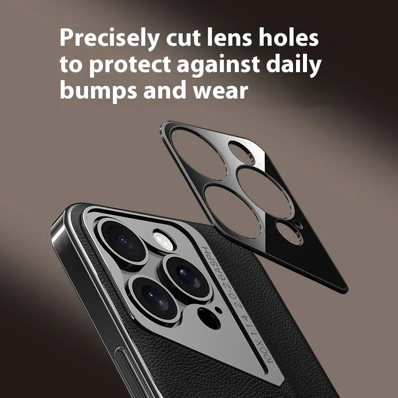 Electroplated imitation leather phone case in black for iPhone 14 Pro with metallic finish