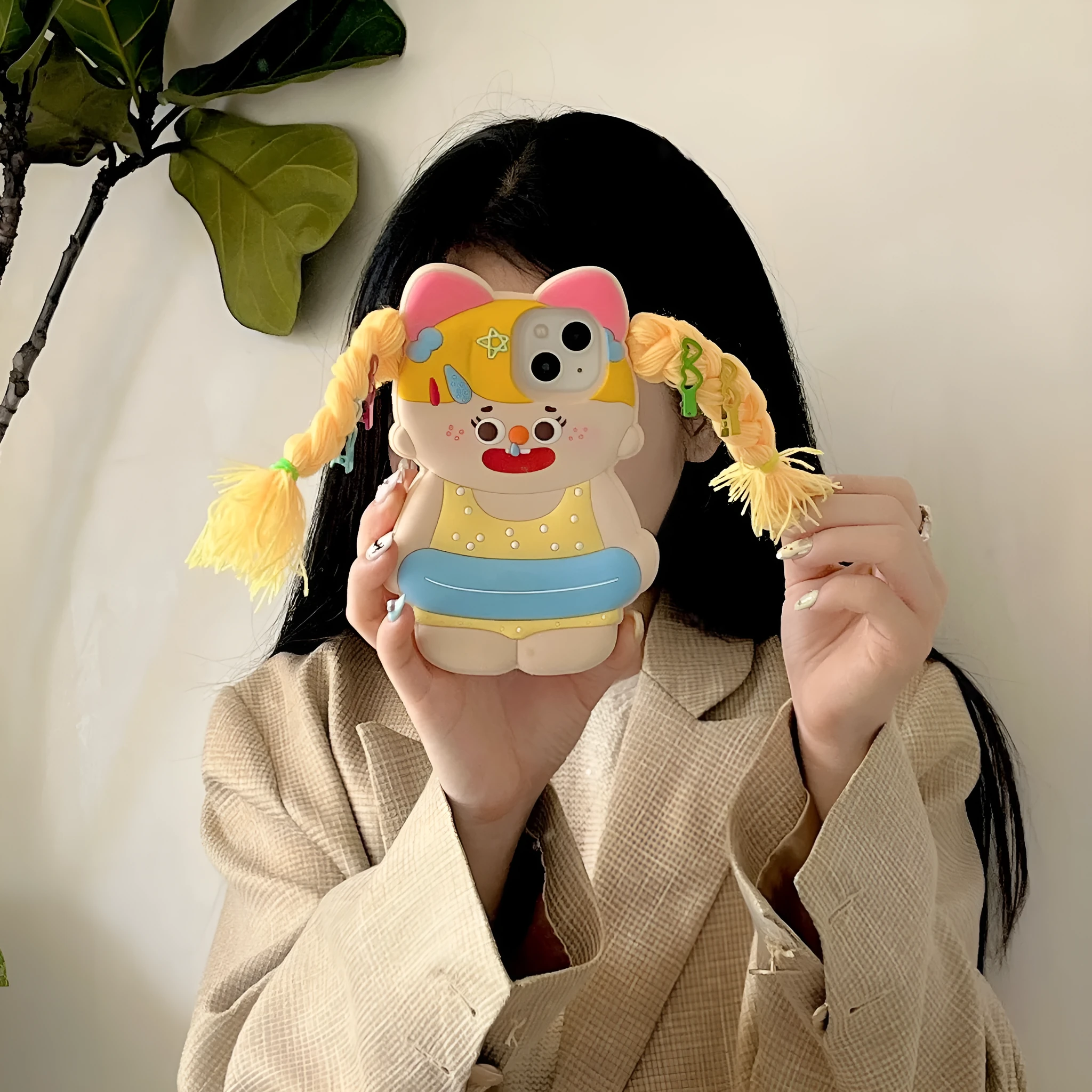 Cartoon yellow braid swim ring girl silicone anti-fall phone case for iPhone