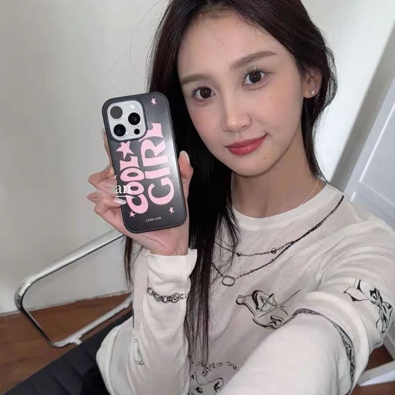 Black pink silicone phone case with creative star pattern and text print for Apple iPhone
