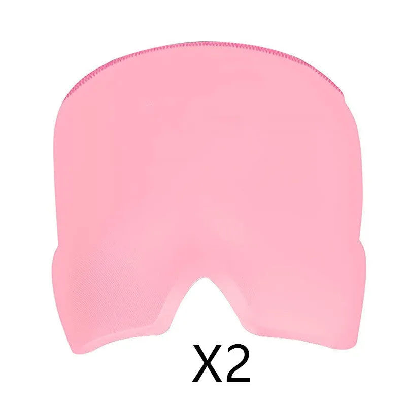 Adjustable ice headache relief gel eye mask showing 22x17cm dimensions and headband fitting 42-66cm circumference