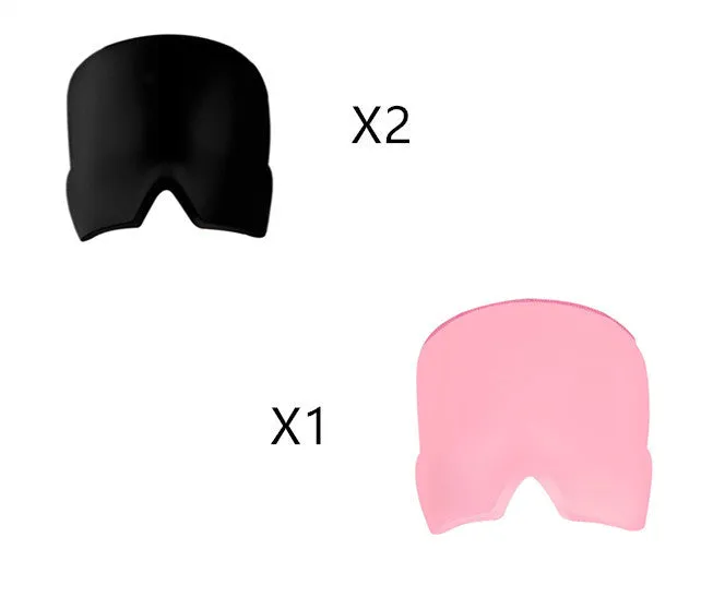 Adjustable ice headache relief gel eye mask showing 22x17cm dimensions and headband fitting 42-66cm circumference
