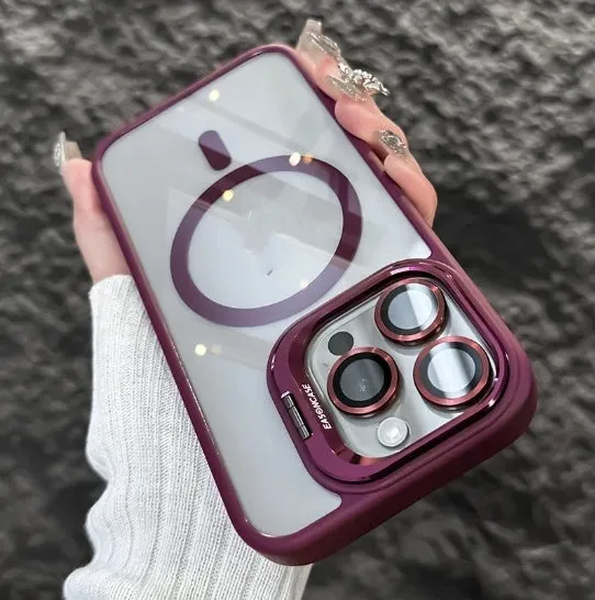 Acrylic transparent phone case with magnetic lens bracket in navy blue for iPhone 17 series
