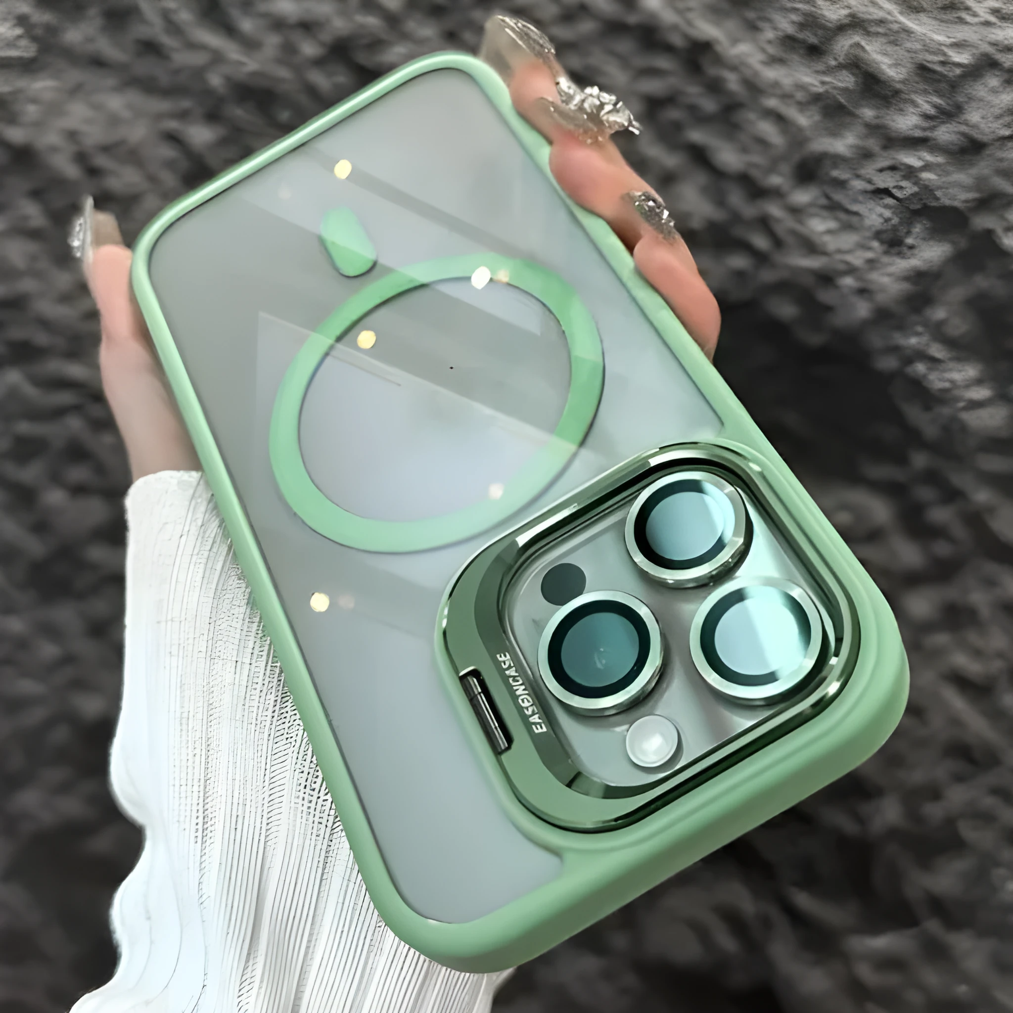 Acrylic transparent phone case with magnetic lens bracket in navy blue for iPhone 17 series