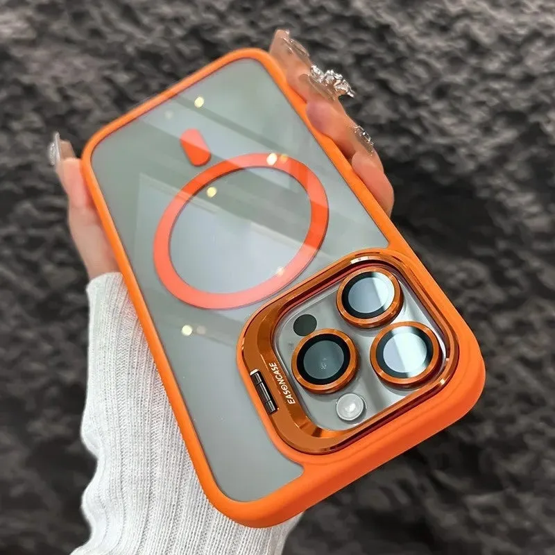Acrylic transparent phone case with magnetic lens bracket in navy blue for iPhone 17 series