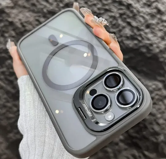 Acrylic transparent phone case with magnetic lens bracket in navy blue for iPhone 17 series