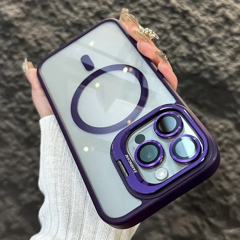 Acrylic transparent phone case with magnetic lens bracket in navy blue for iPhone 17 series