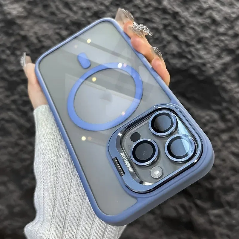 Acrylic transparent phone case with magnetic lens bracket in navy blue for iPhone 17 series