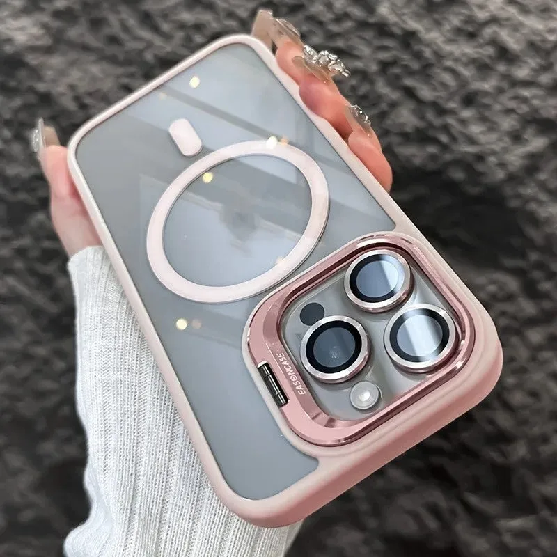 Acrylic transparent phone case with magnetic lens bracket in navy blue for iPhone 17 series