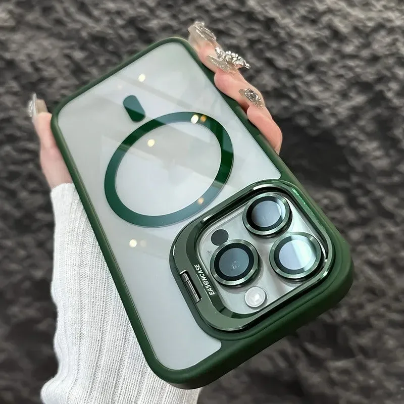 Acrylic transparent phone case with magnetic lens bracket in navy blue for iPhone 17 series