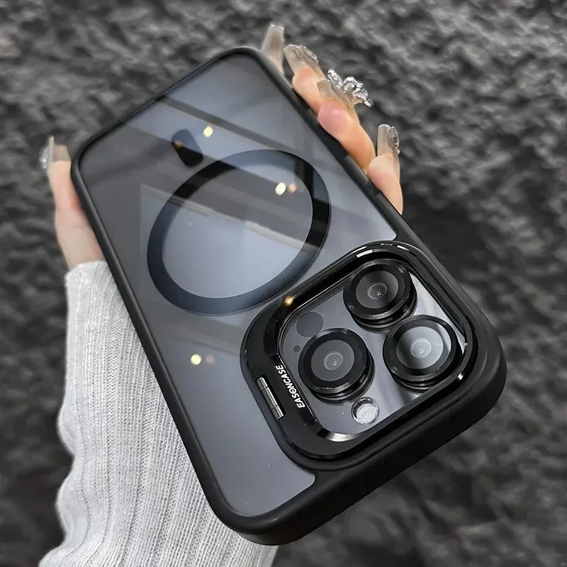 Acrylic transparent phone case with magnetic lens bracket in navy blue for iPhone 17 series
