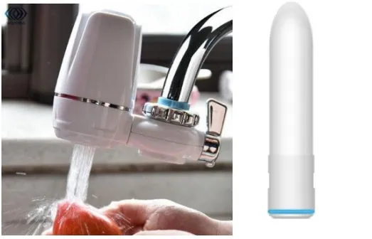 White plastic kitchen tap water filter with universal adapter and ceramic cartridge