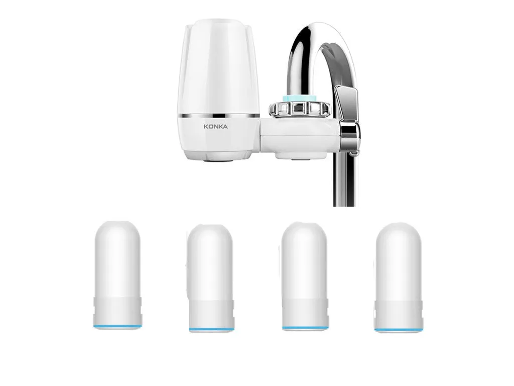 White plastic kitchen tap water filter with universal adapter and ceramic cartridge