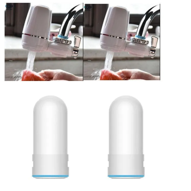 White plastic kitchen tap water filter with universal adapter and ceramic cartridge