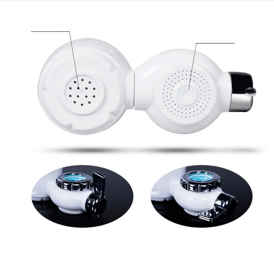 White plastic kitchen tap water filter with universal adapter and ceramic cartridge