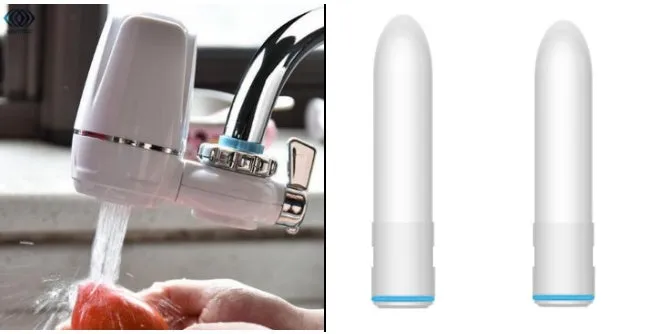 White plastic kitchen tap water filter with universal adapter and ceramic cartridge
