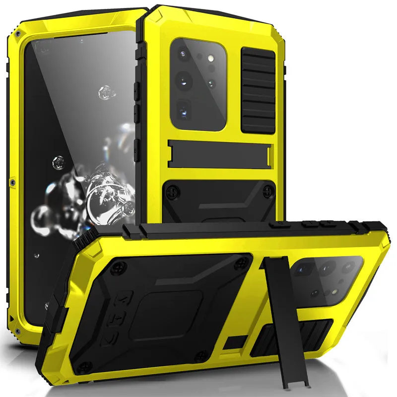 Waterproof protective cover for Samsung S20 Plus, metal and silicone construction, solid colour yellow, red, black, or silver