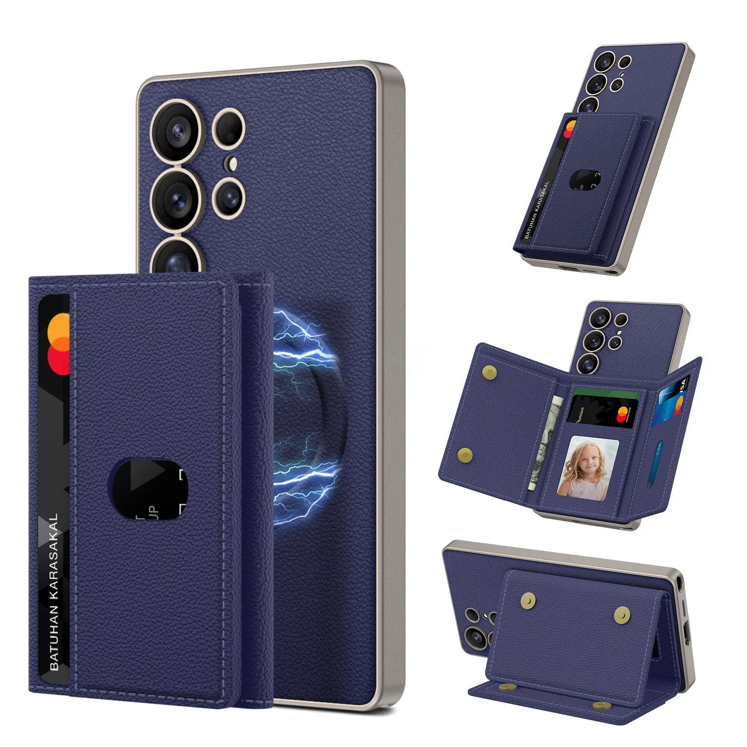 Samsung S24Ultra S25Ultra magnetic wallet phone case with stand in frosted plain leather, carbon fiber pattern option