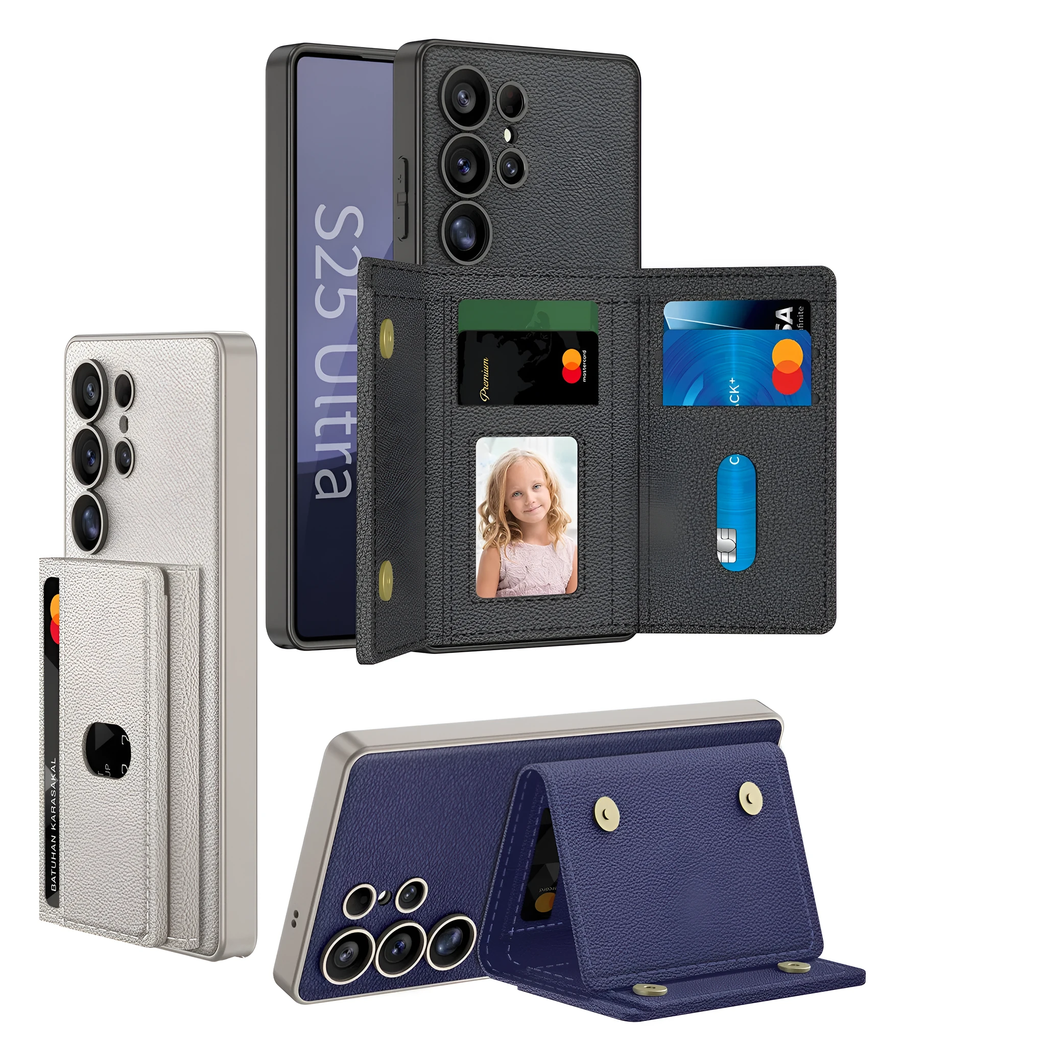 Samsung S24Ultra S25Ultra magnetic wallet phone case with stand in frosted plain leather, carbon fiber pattern option