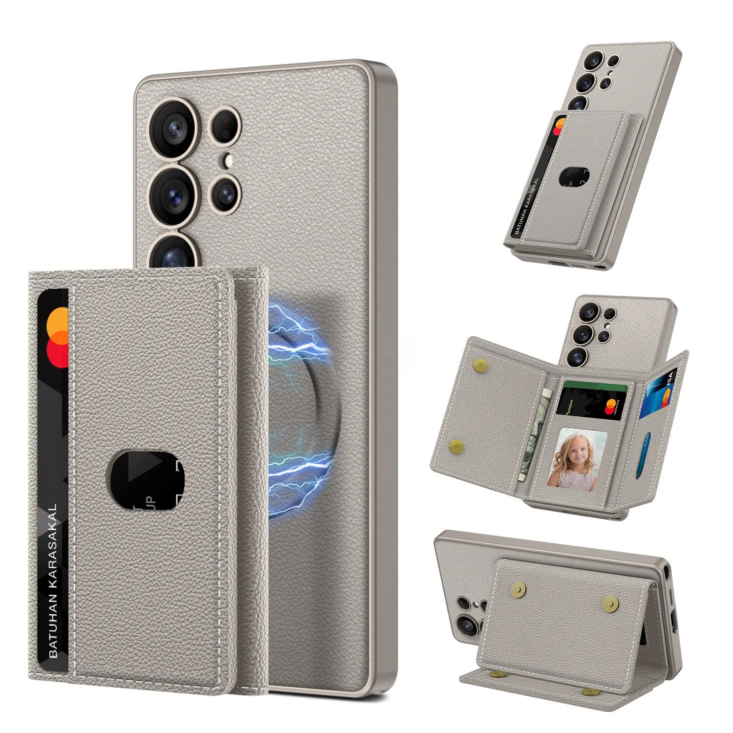 Samsung S24Ultra S25Ultra magnetic wallet phone case with stand in frosted plain leather, carbon fiber pattern option