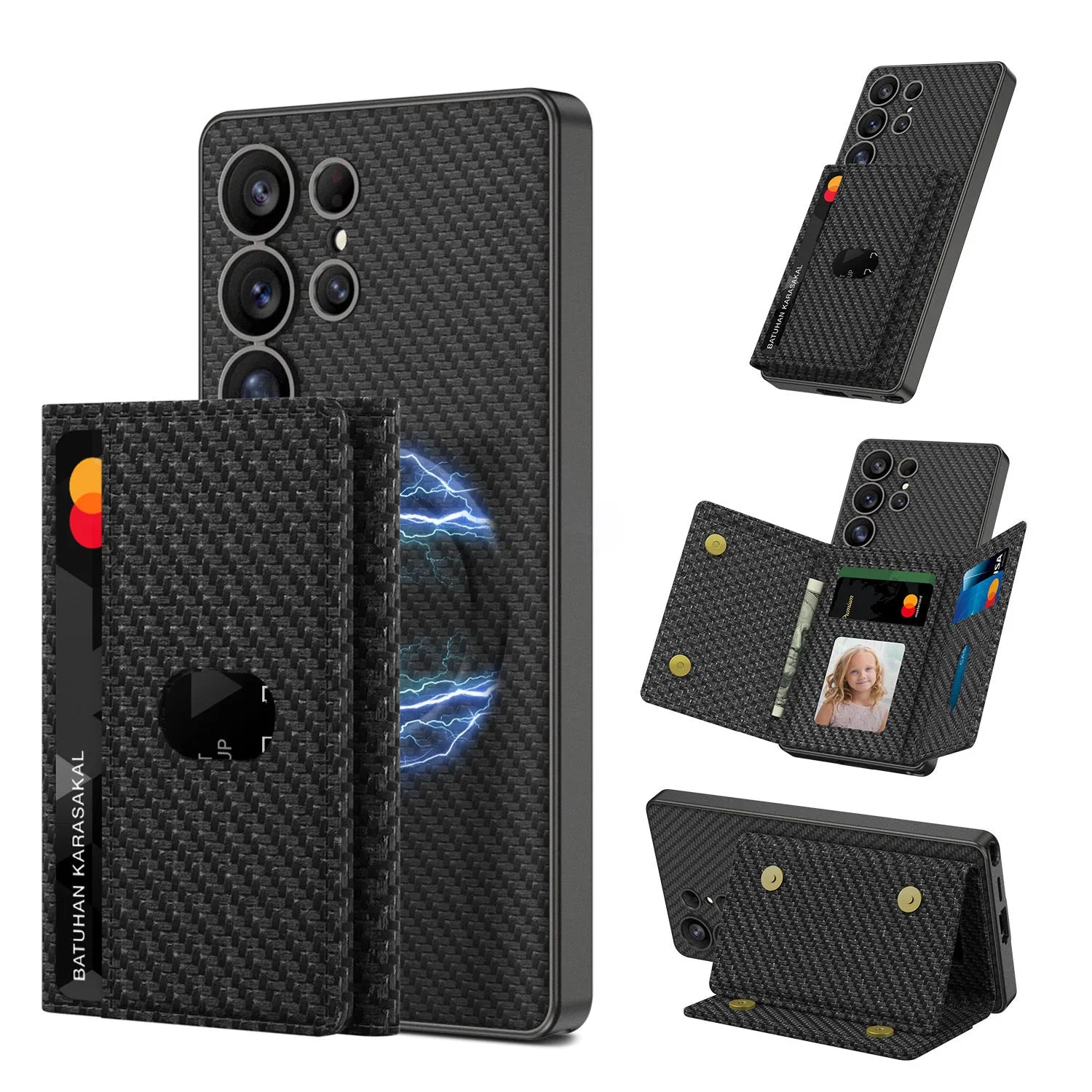 Samsung S24Ultra S25Ultra magnetic wallet phone case with stand in frosted plain leather, carbon fiber pattern option