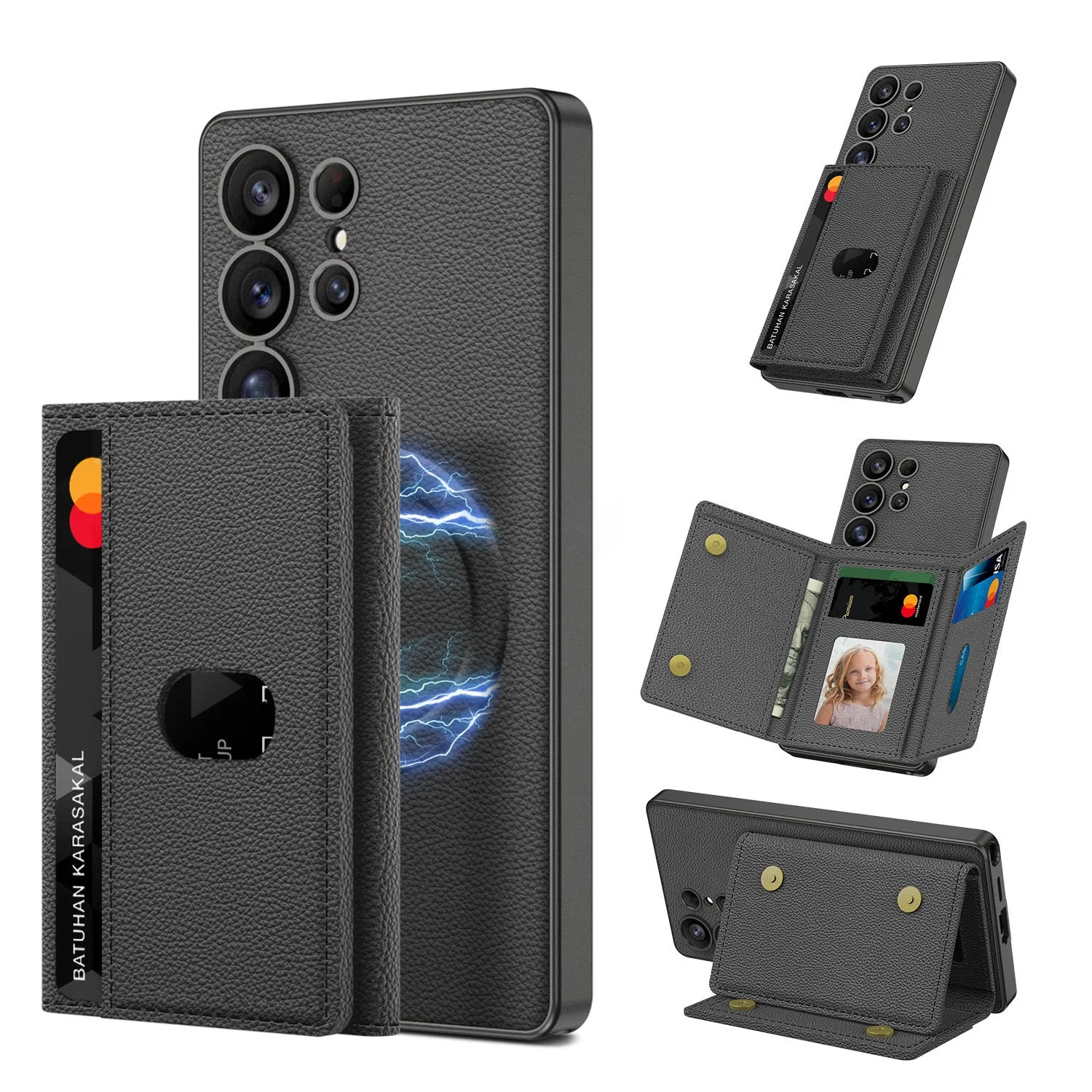 Samsung S24Ultra S25Ultra magnetic wallet phone case with stand in frosted plain leather, carbon fiber pattern option