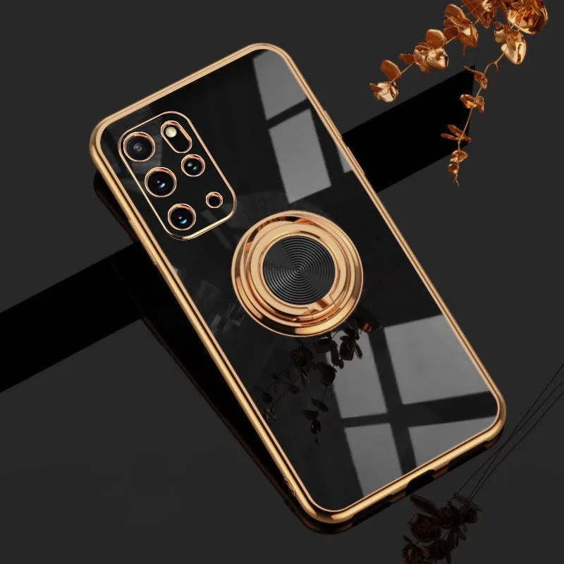 Ring buckle magnetic 6D plating phone case for Samsung Galaxy in black, showing back with metal finish and ring