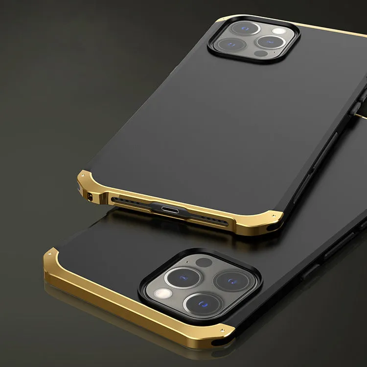 Metal screw hard shell phone case in black with red piping option for iPhone