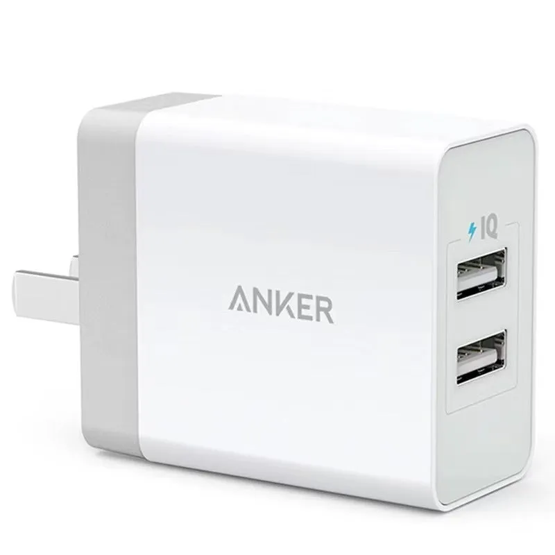 White dual-port USB charger with UK plug, 12W output, 2.4A per port, PD protocol support