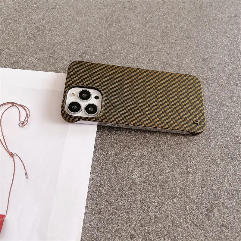 Frameless carbon fibre pattern hard shell phone case with bracket, plaid design, compatible with iPhone 12-16