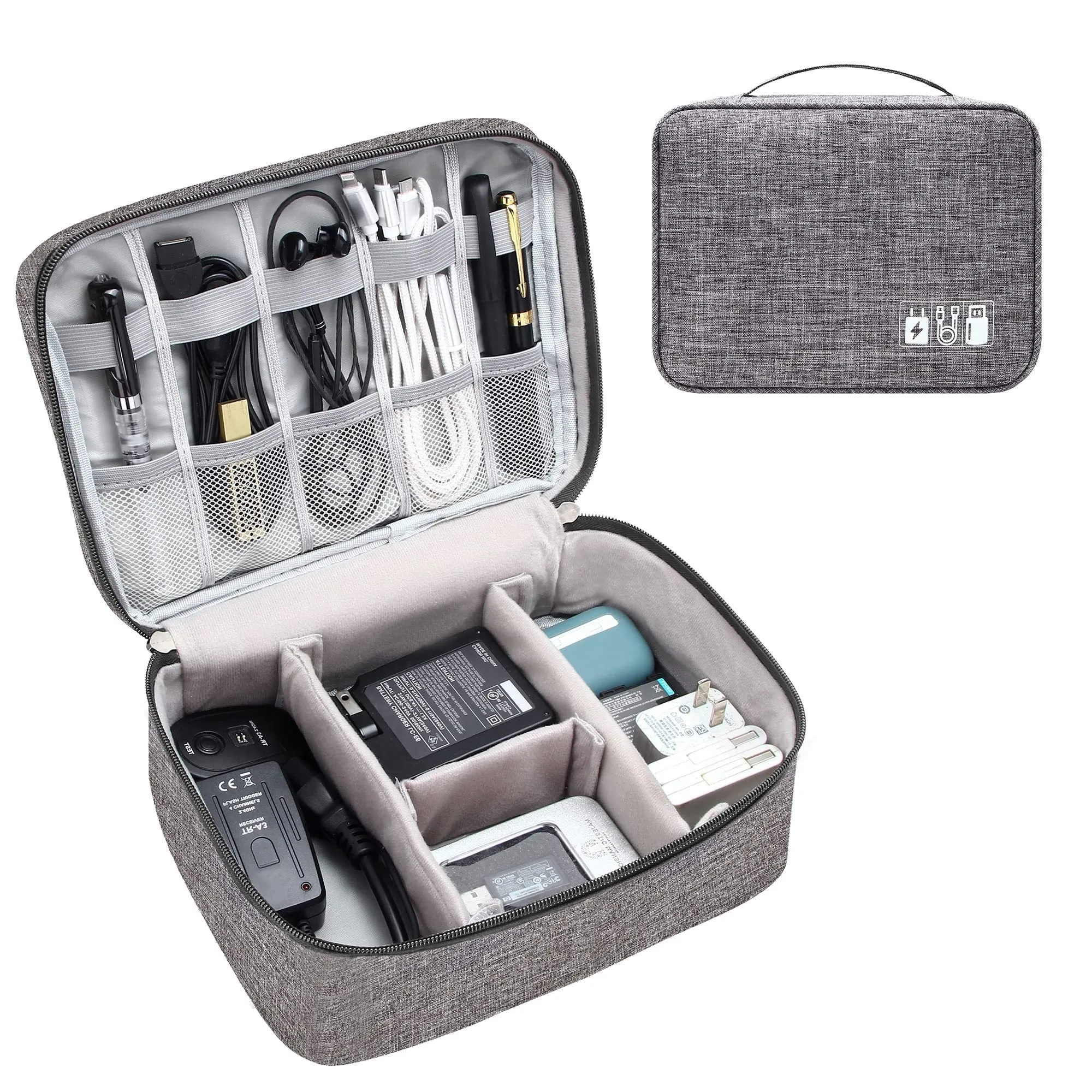 Black waterproof electronics organiser bag open, showing mesh pockets, elastic loops, and removable padded dividers inside.