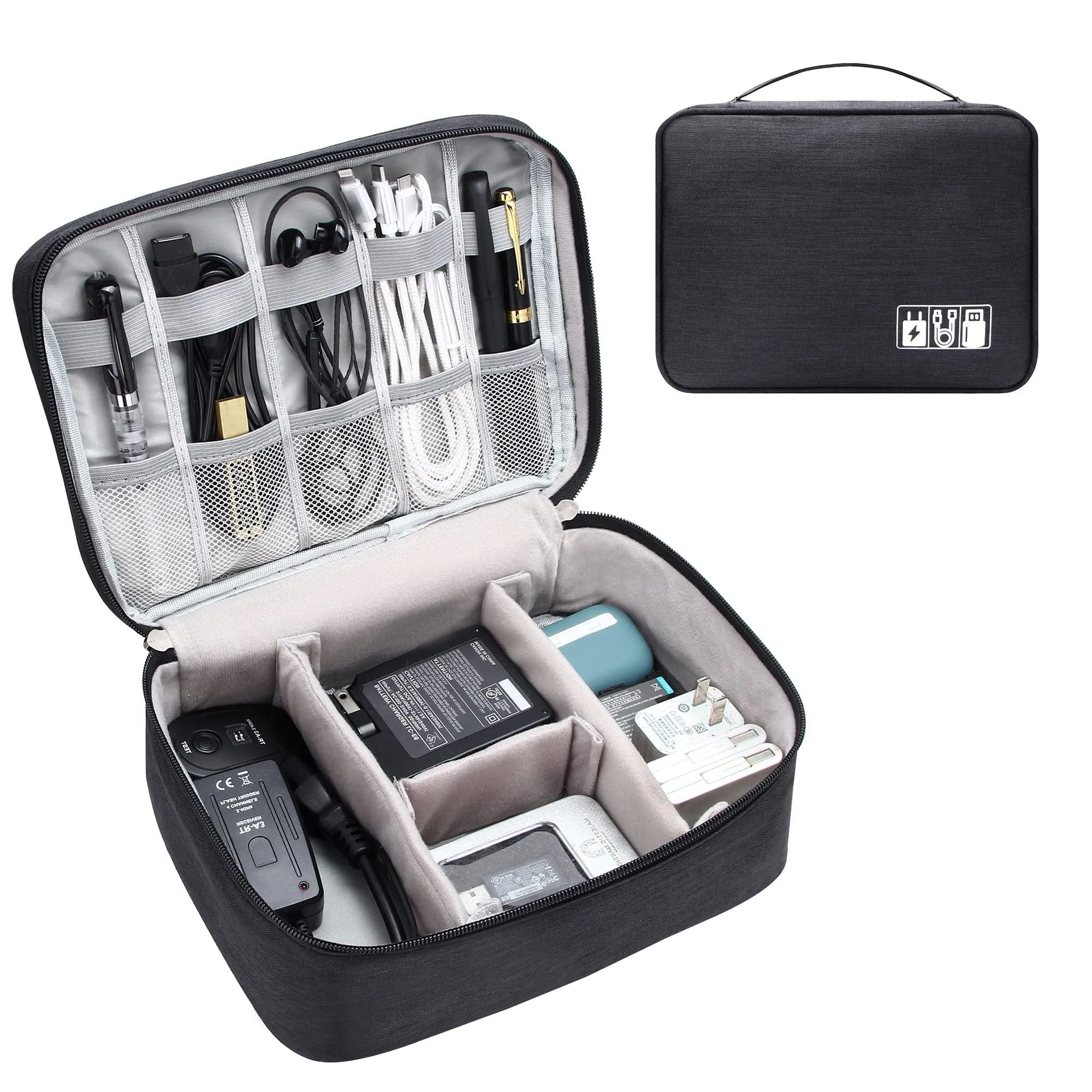 Black waterproof electronics organiser bag open, showing mesh pockets, elastic loops, and removable padded dividers inside.